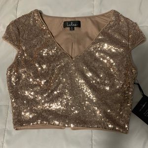 lulus gold cropped sequin top